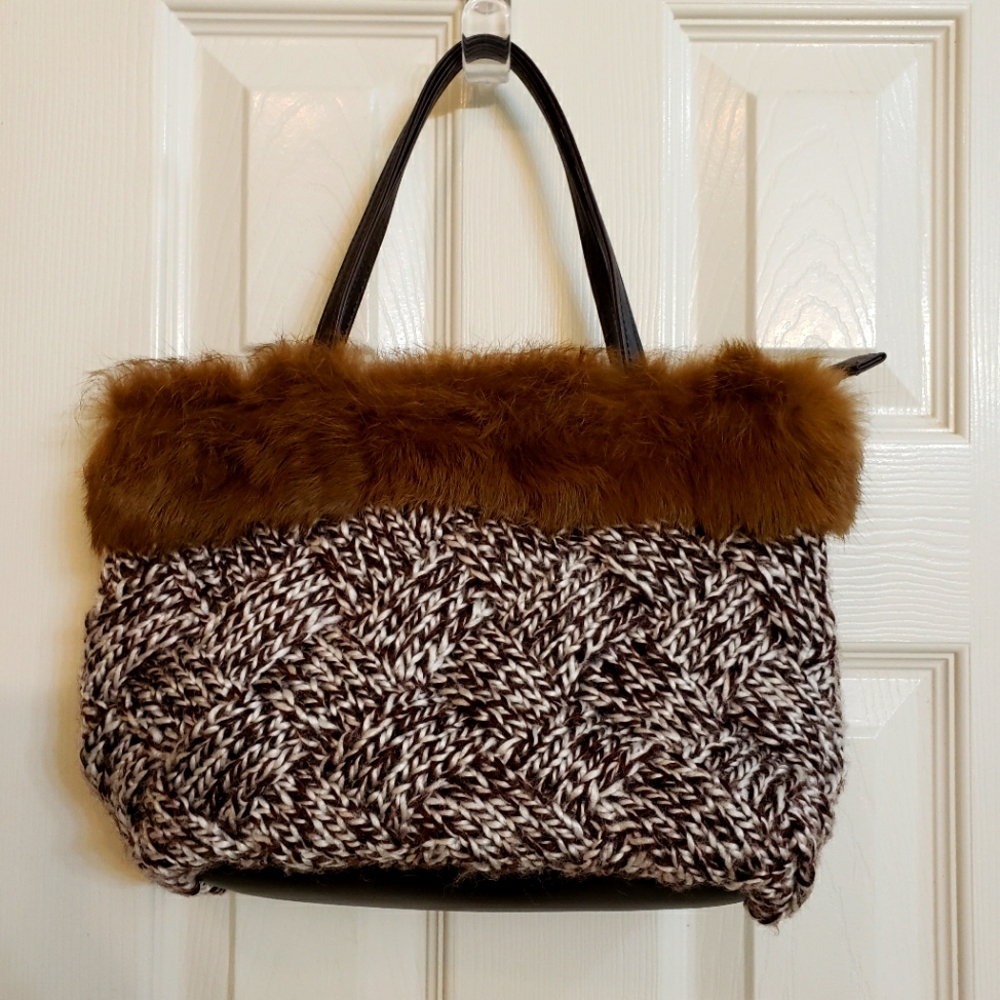 Murval Paris brown & Beige knit with faux fur small tote bag double handles.